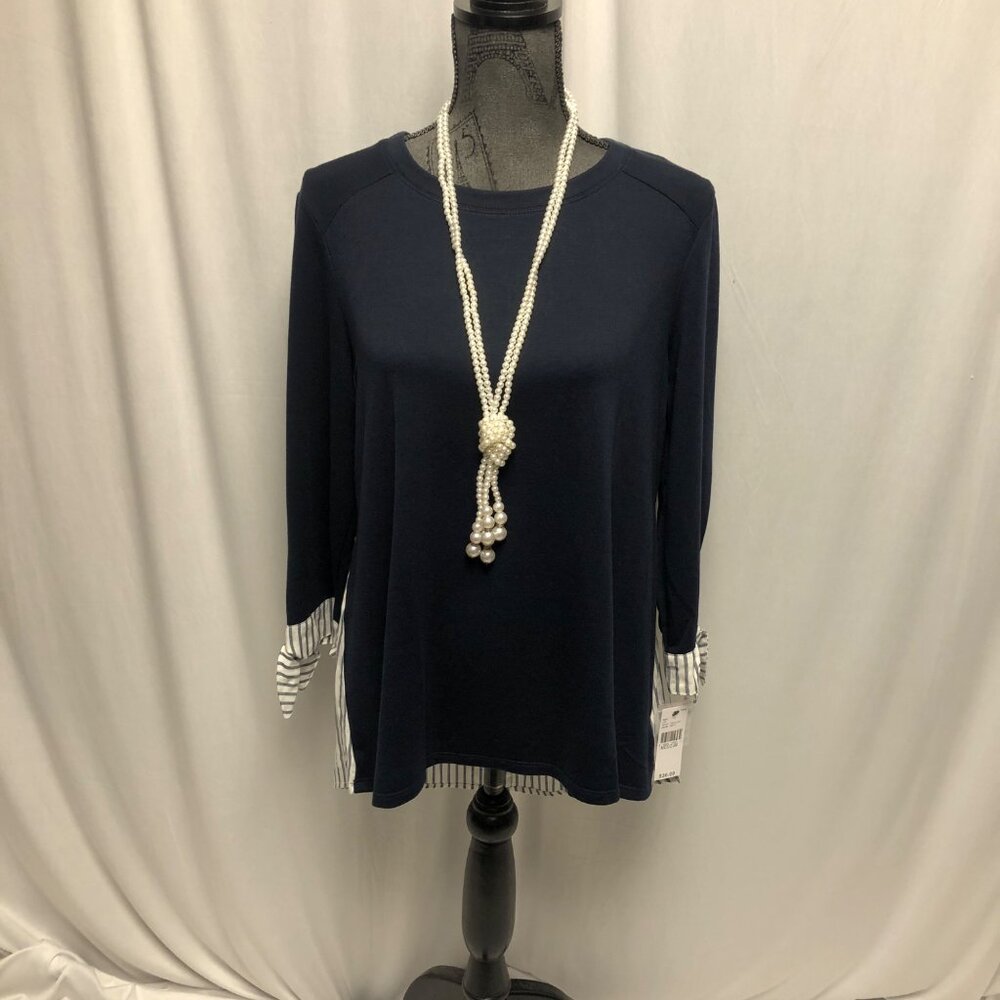 AB Studio Top Womens Size Medium Navy Blue White Stripe Layered Look Shirt NEW